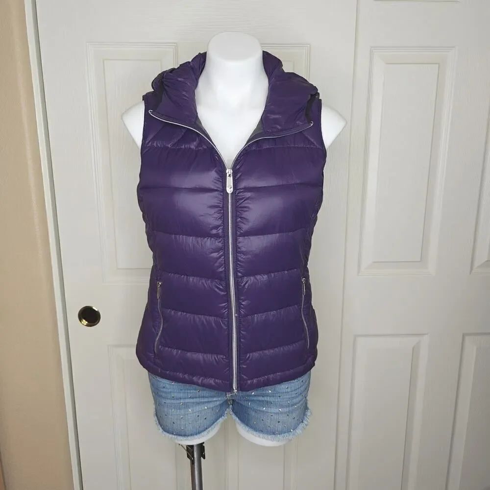Calvin Klein purple packable down puffer vest with hoodie sz XS